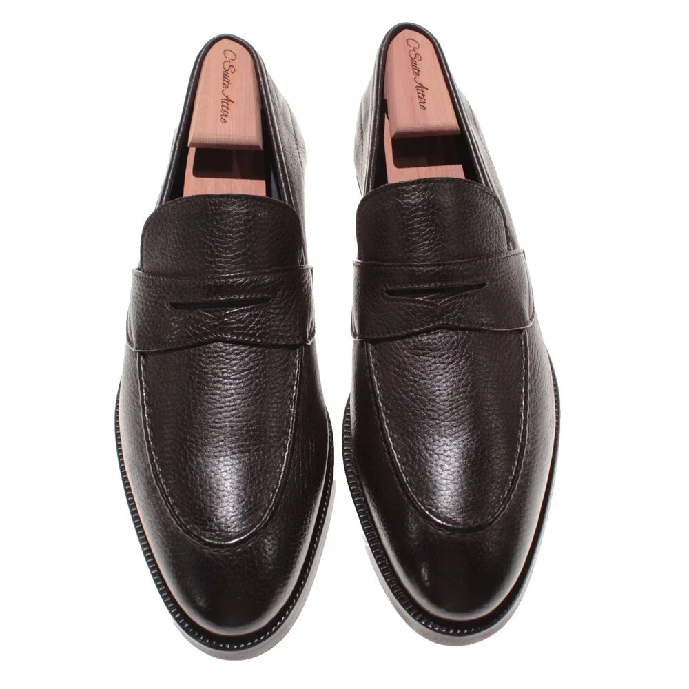 Di Bianco NWB Slip On Penny Loafers Size 11 US in Dark Brown Pebbled Leather